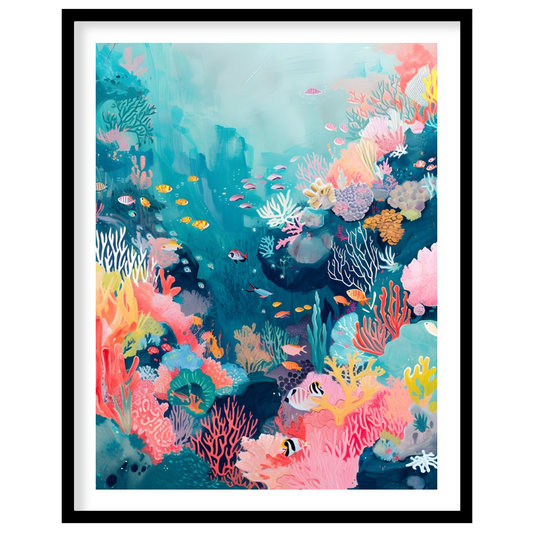 This beautiful painting captures the vibrant beauty of a coral reef teeming with life. A kaleidosco… for room