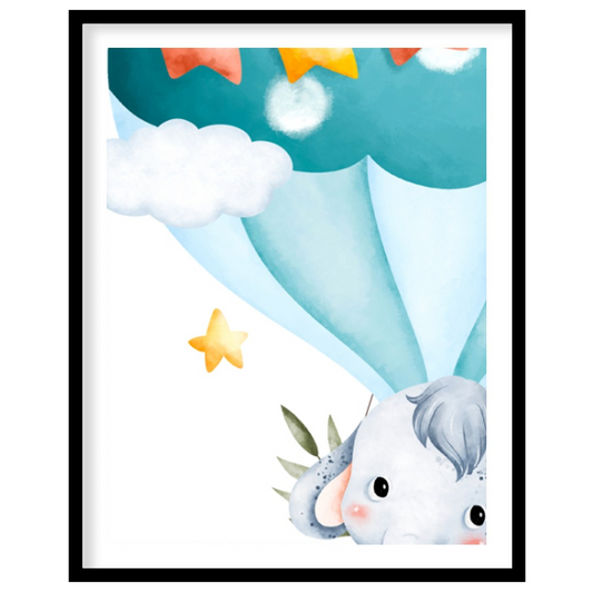 This heartwarming watercolor illustration features an adorable baby elephant soaring through the sk… for house