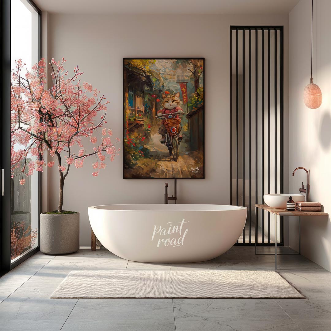 This vibrant digital painting portrays a curious cat, sporting a red outfit and a small hat, riding… for bathroom