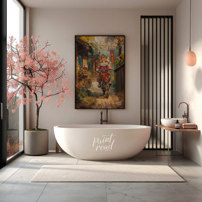 This vibrant digital painting portrays a curious cat, sporting a red outfit and a small hat, riding… for bathroom