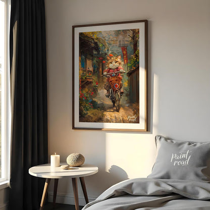 This vibrant digital painting portrays a curious cat, sporting a red outfit and a small hat, riding… for bedroom