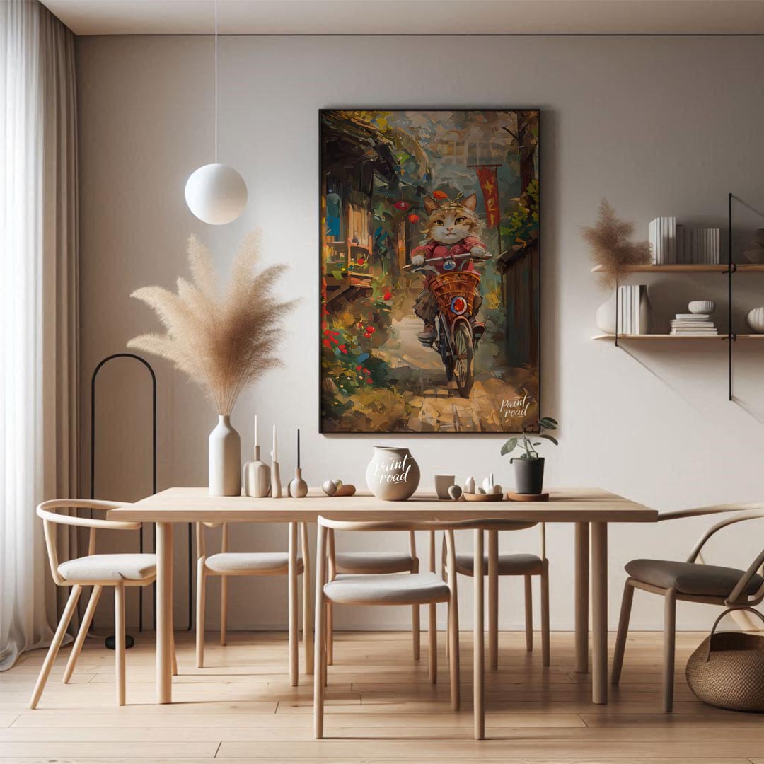 This vibrant digital painting portrays a curious cat, sporting a red outfit and a small hat, riding… for dining room