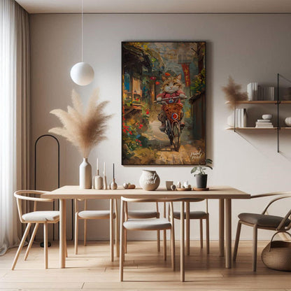 This vibrant digital painting portrays a curious cat, sporting a red outfit and a small hat, riding… for dining room