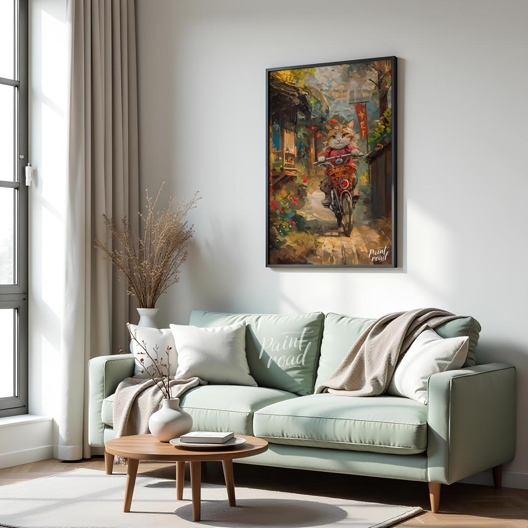 This vibrant digital painting portrays a curious cat, sporting a red outfit and a small hat, riding… for living room