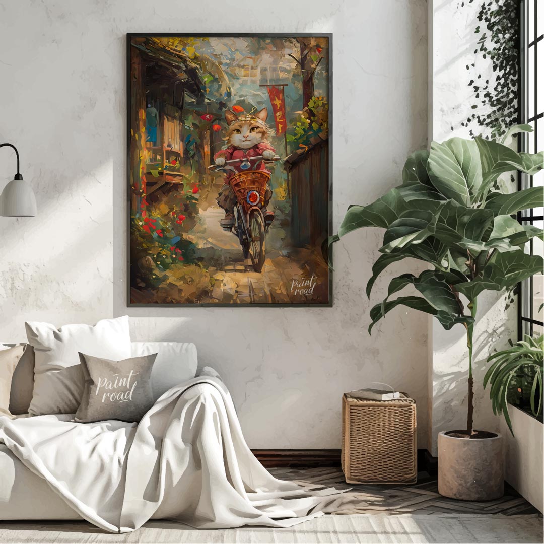 This vibrant digital painting portrays a curious cat, sporting a red outfit and a small hat, riding… for living room
