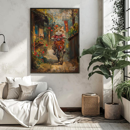 This vibrant digital painting portrays a curious cat, sporting a red outfit and a small hat, riding… for living room