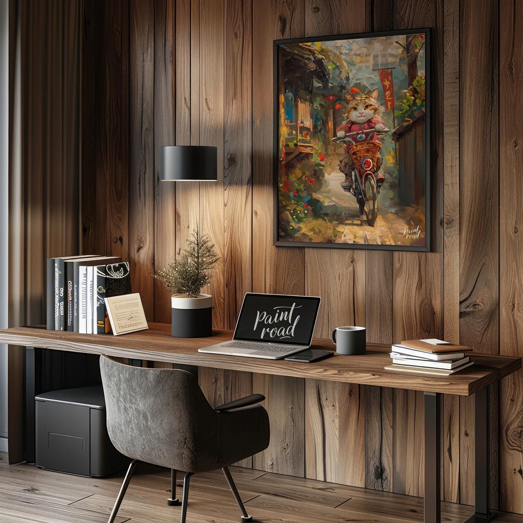 This vibrant digital painting portrays a curious cat, sporting a red outfit and a small hat, riding… for office