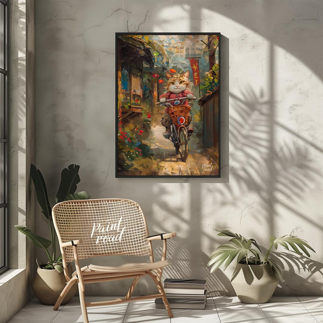 This vibrant digital painting portrays a curious cat, sporting a red outfit and a small hat, riding… for other