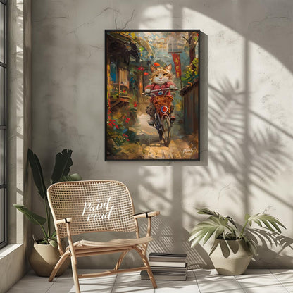 This vibrant digital painting portrays a curious cat, sporting a red outfit and a small hat, riding… for other
