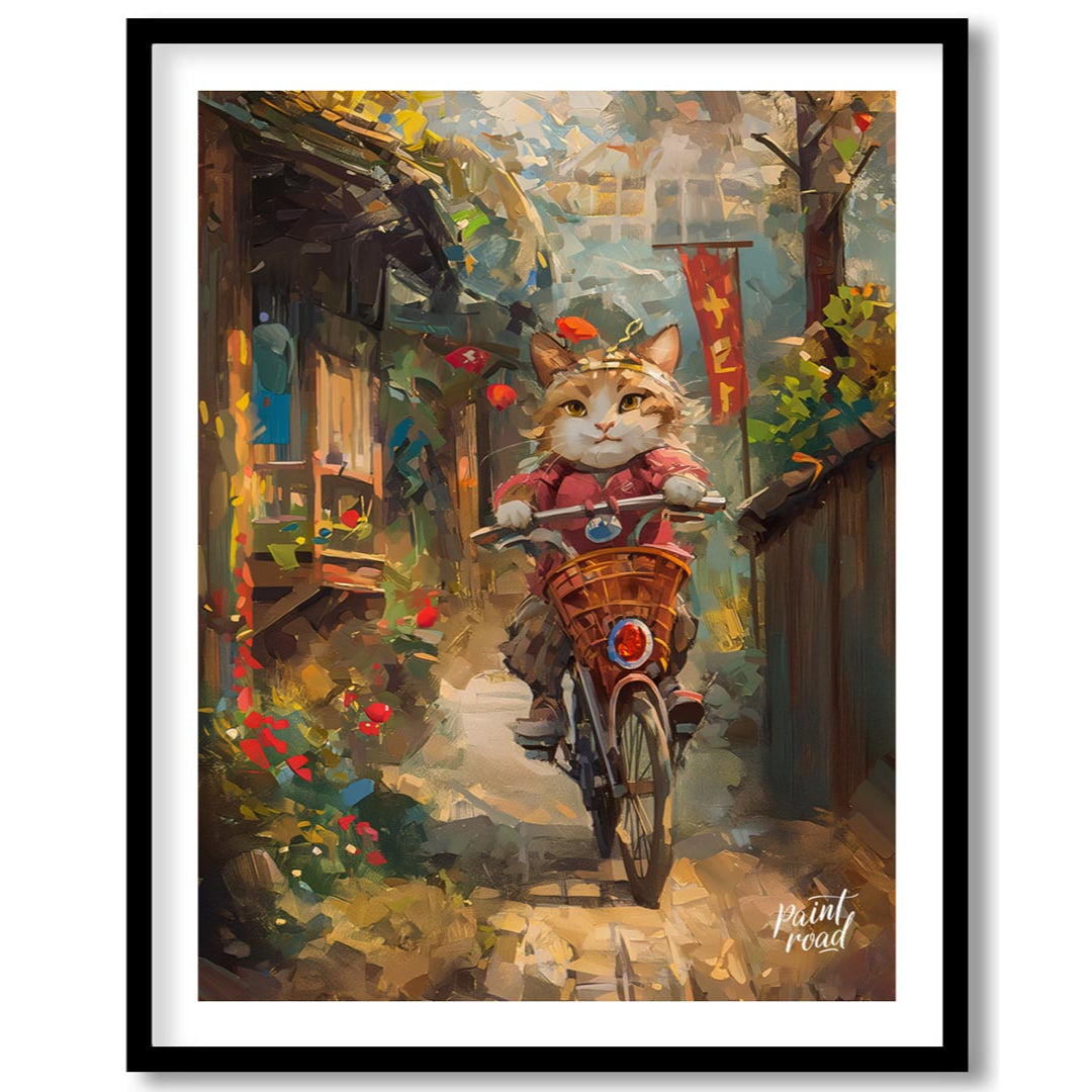 This vibrant digital painting portrays a curious cat, sporting a red outfit and a small hat, riding… for space