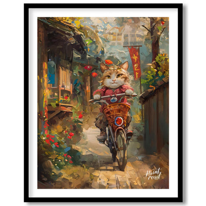 This vibrant digital painting portrays a curious cat, sporting a red outfit and a small hat, riding… for space