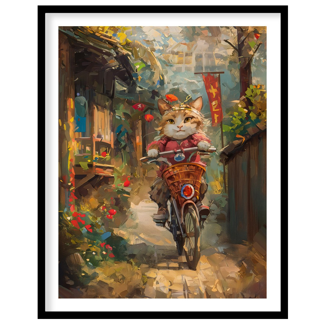 This vibrant digital painting portrays a curious cat, sporting a red outfit and a small hat, riding… for space
