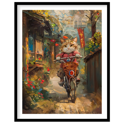 This vibrant digital painting portrays a curious cat, sporting a red outfit and a small hat, riding… for space