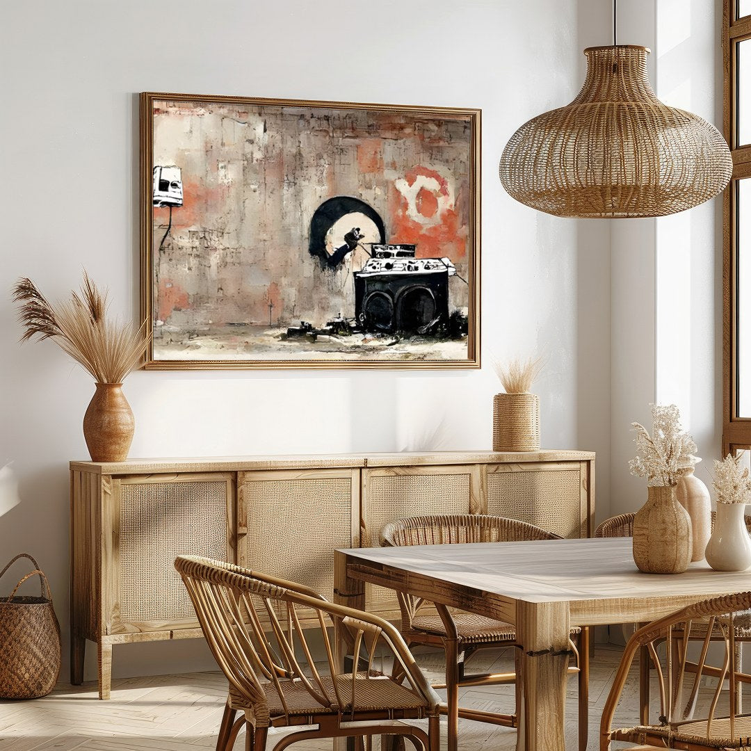This captivating artwork blends urban street elements with a raw, abstract style. Bold contrasts for Dining