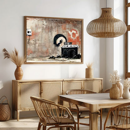 This captivating artwork blends urban street elements with a raw, abstract style. Bold contrasts for Dining