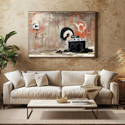 This captivating artwork blends urban street elements with a raw, abstract style. Bold contrasts for Family Room