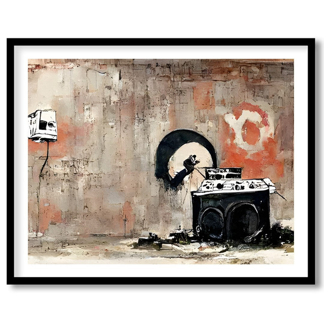 This captivating artwork blends urban street elements with a raw, abstract style. Bold contrasts for gallery