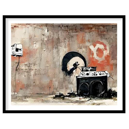 This captivating artwork blends urban street elements with a raw, abstract style. Bold contrasts for gallery