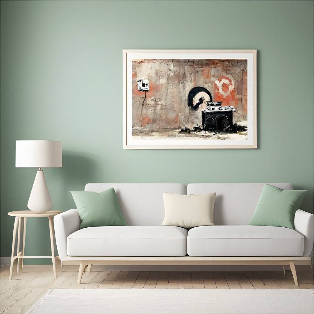 This captivating artwork blends urban street elements with a raw, abstract style. Bold contrasts for Hall