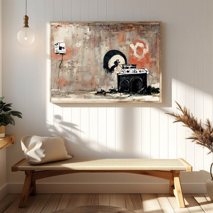 This captivating artwork blends urban street elements with a raw, abstract style. Bold contrasts for Hallway
