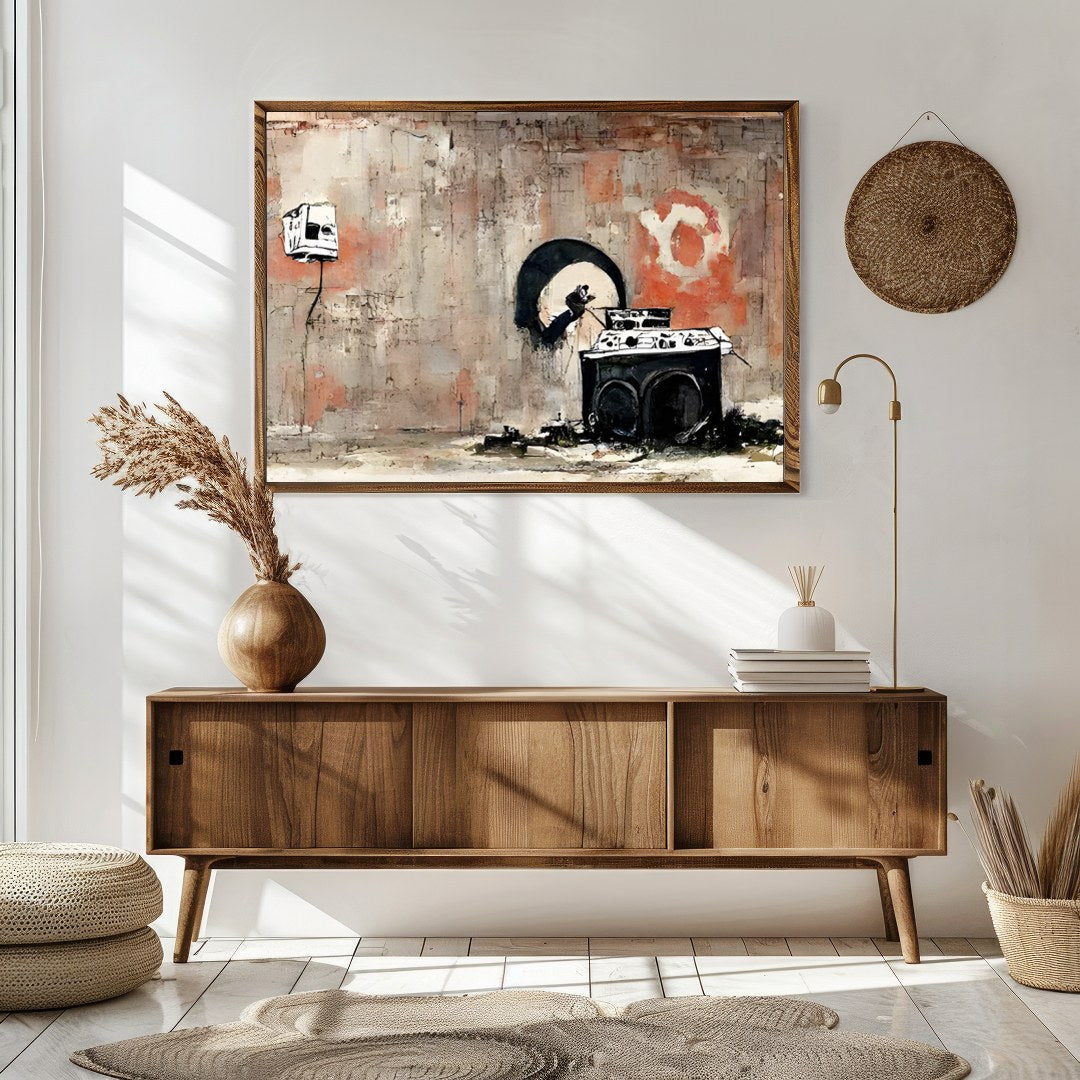 This captivating artwork blends urban street elements with a raw, abstract style. Bold contrasts for Sitting Area