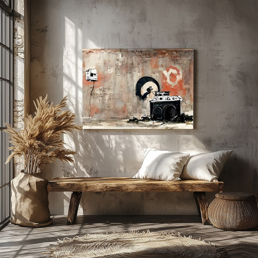 This captivating artwork blends urban street elements with a raw, abstract style. Bold contrasts for Veranda