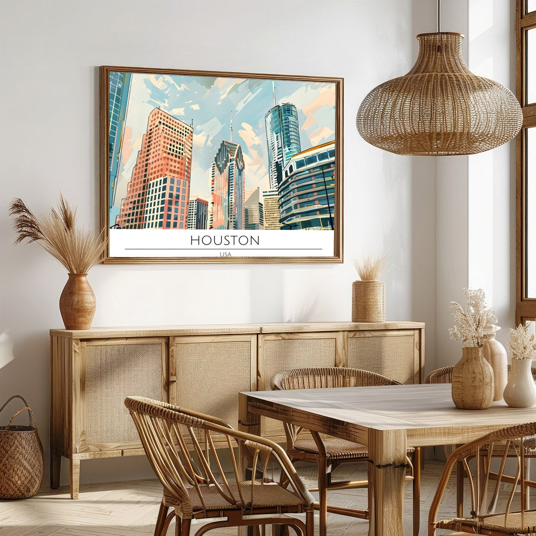 Experience the dynamic beauty of the Houston skyline with this captivating artwork. The sleek for Dining