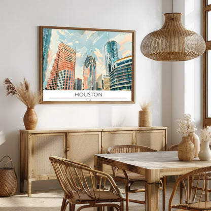 Experience the dynamic beauty of the Houston skyline with this captivating artwork. The sleek for Dining
