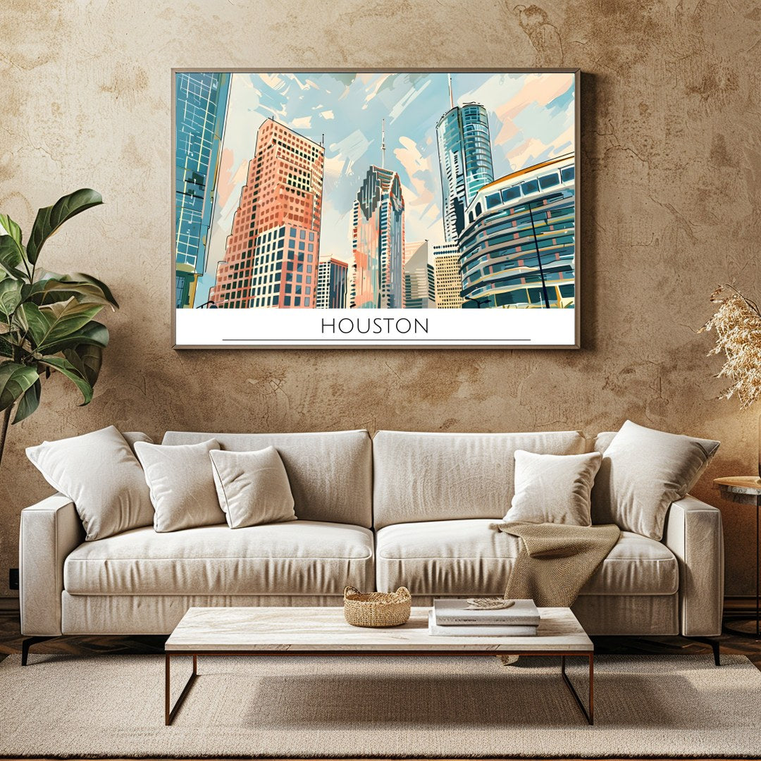 Experience the dynamic beauty of the Houston skyline with this captivating artwork. The sleek for Family Room