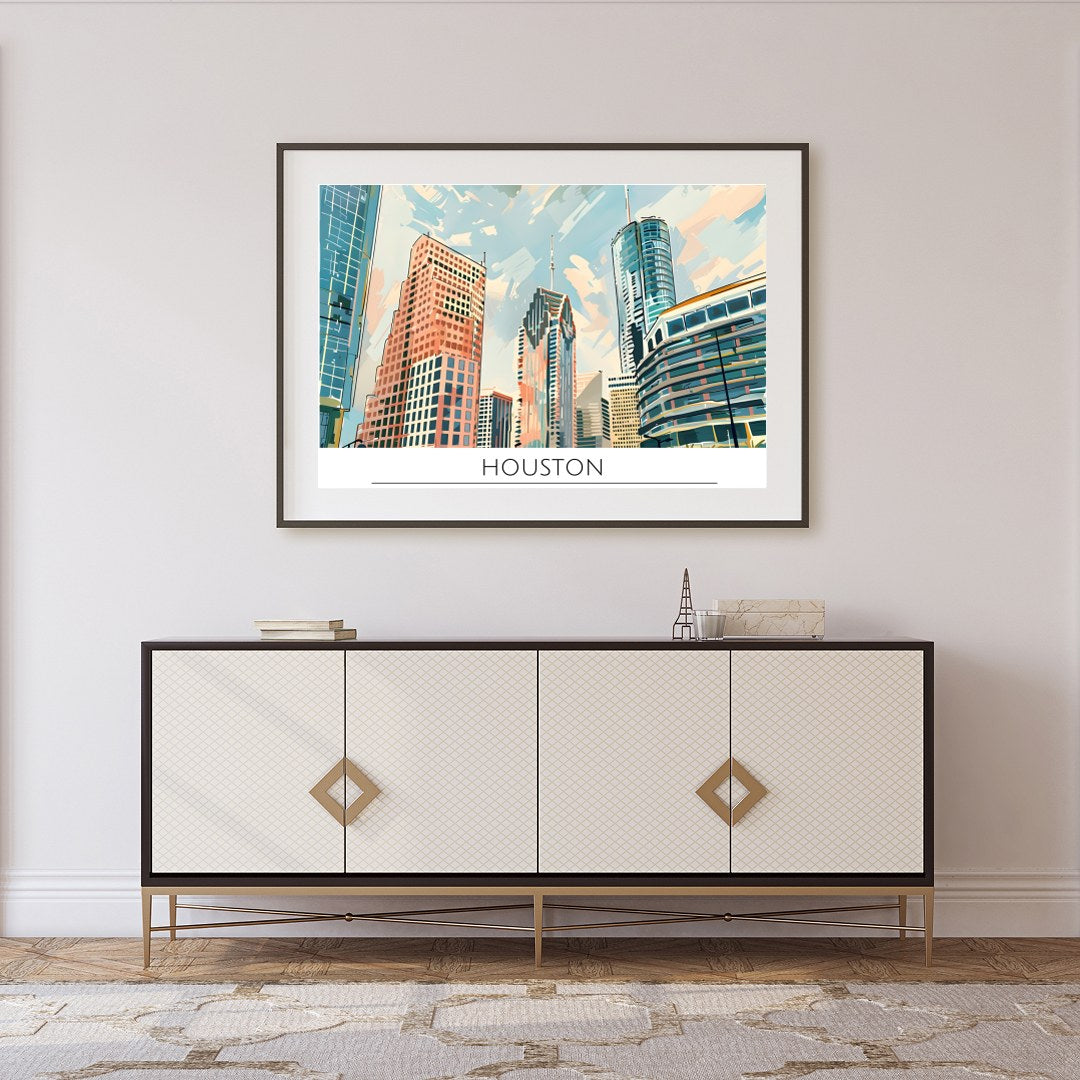 Experience the dynamic beauty of the Houston skyline with this captivating artwork. The sleek for Foyer