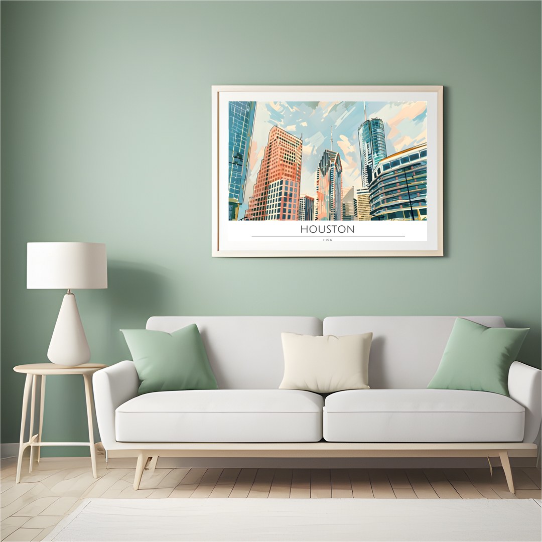 Experience the dynamic beauty of the Houston skyline with this captivating artwork. The sleek for Hall