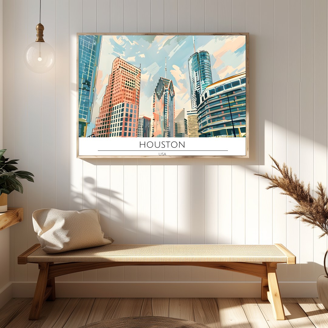 Experience the dynamic beauty of the Houston skyline with this captivating artwork. The sleek for Hallway