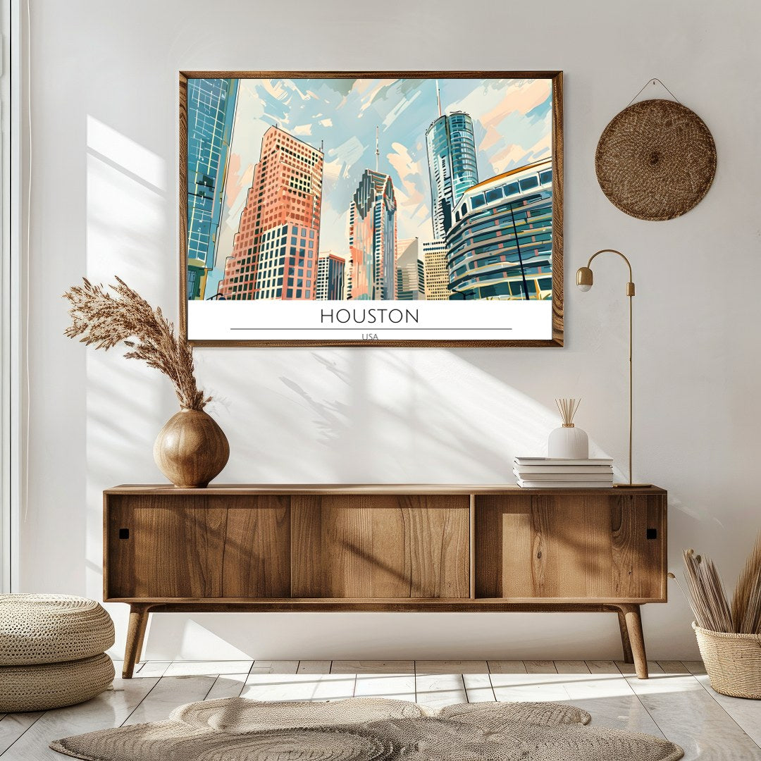 Experience the dynamic beauty of the Houston skyline with this captivating artwork. The sleek for Sitting Area