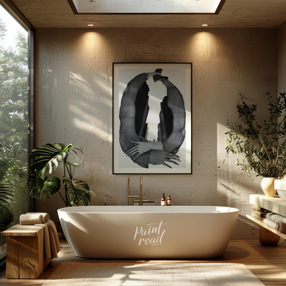 """Urban Embrace"" presents a surreal composition featuring human figures intertwined with urban ar… for bathroom