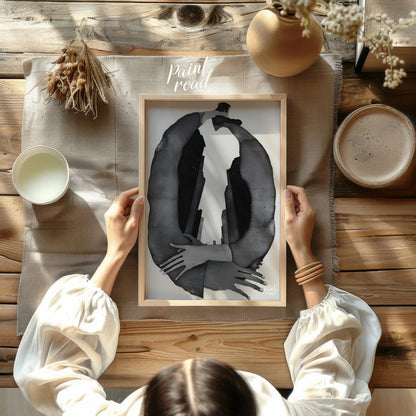 """Urban Embrace"" presents a surreal composition featuring human figures intertwined with urban ar… for dining room