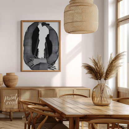 """Urban Embrace"" presents a surreal composition featuring human figures intertwined with urban ar… for dining room