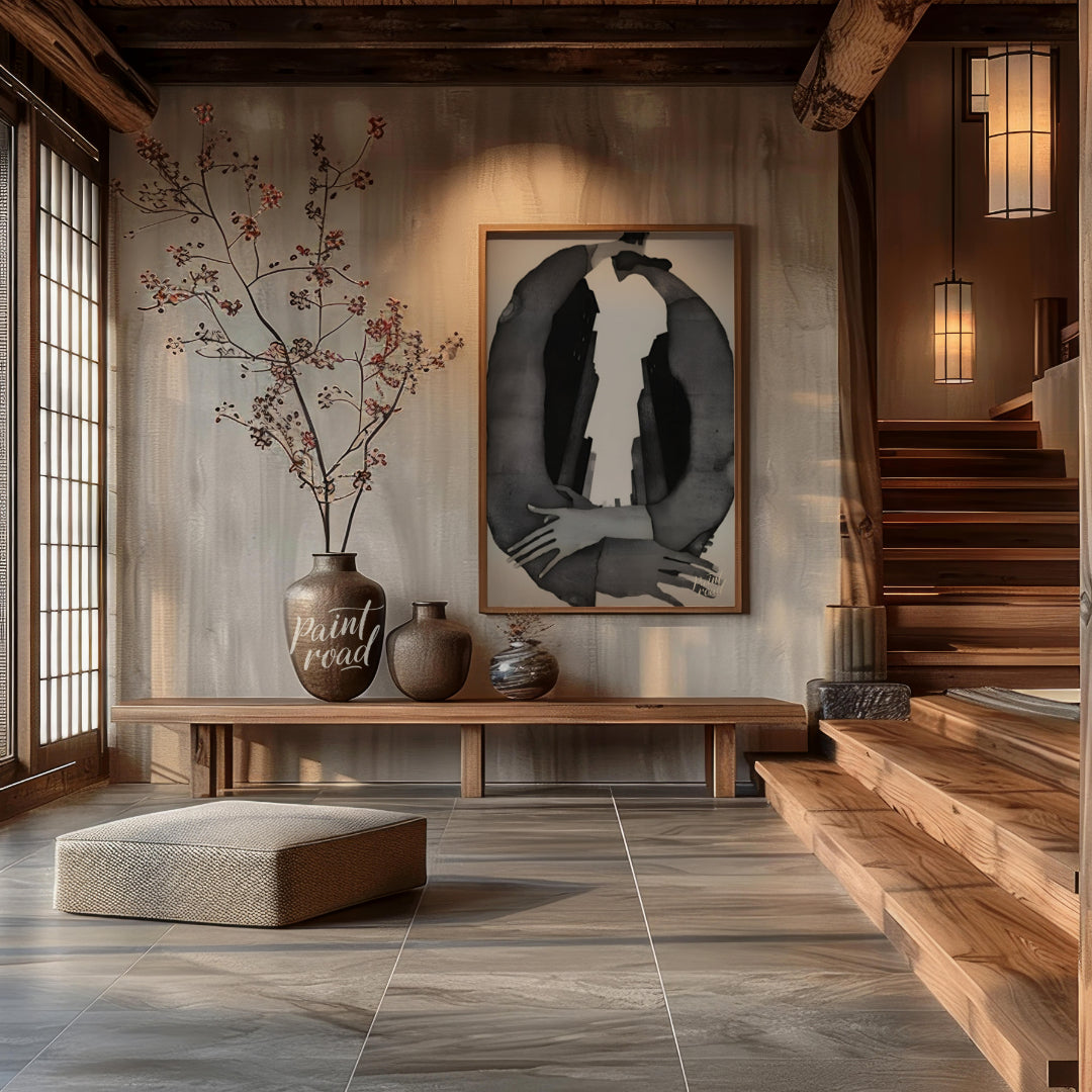 """Urban Embrace"" presents a surreal composition featuring human figures intertwined with urban ar… for entryway