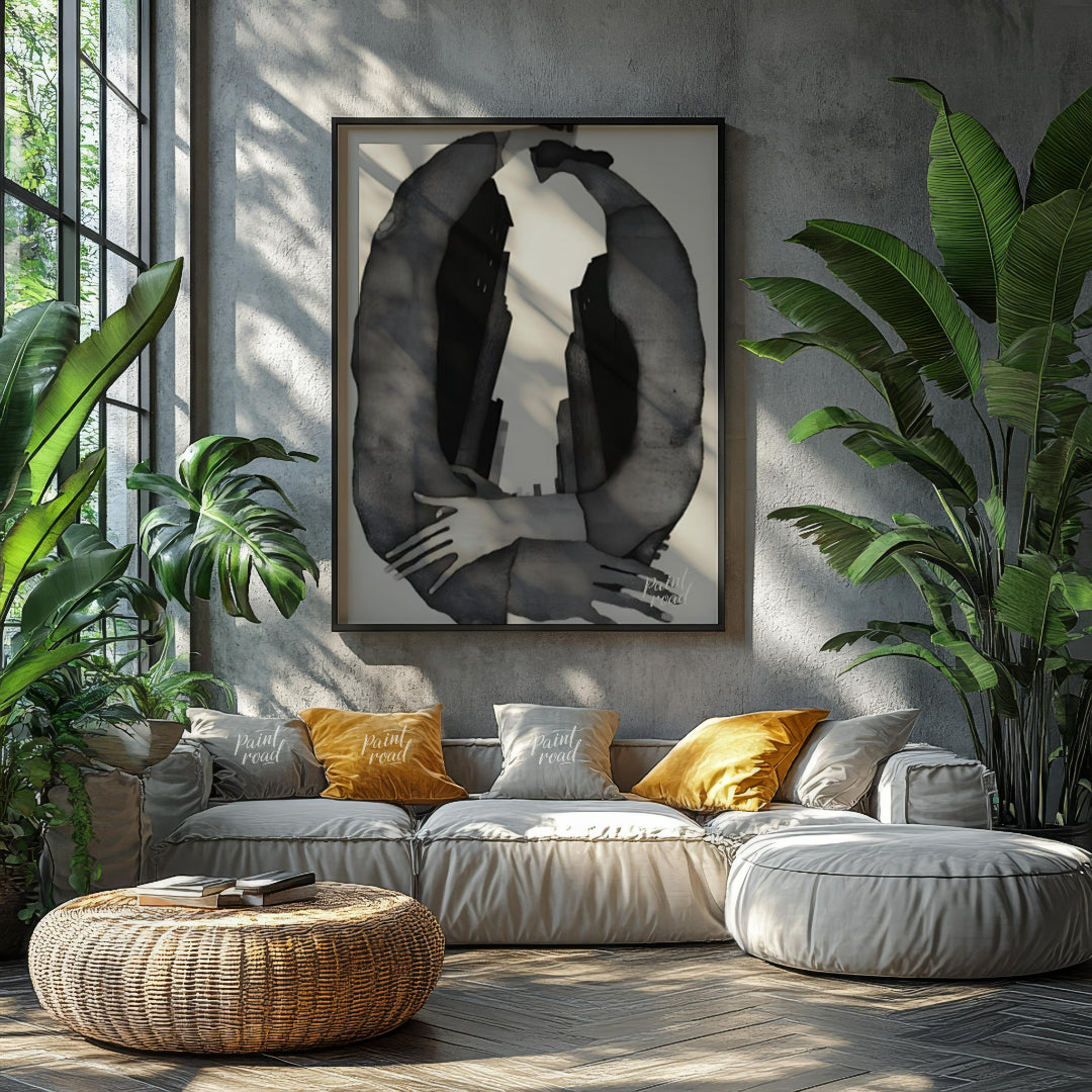 """Urban Embrace"" presents a surreal composition featuring human figures intertwined with urban ar… for living room