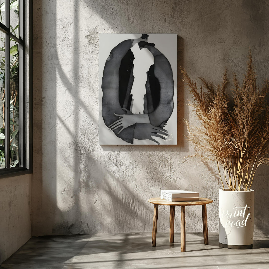 """Urban Embrace"" presents a surreal composition featuring human figures intertwined with urban ar… for living room