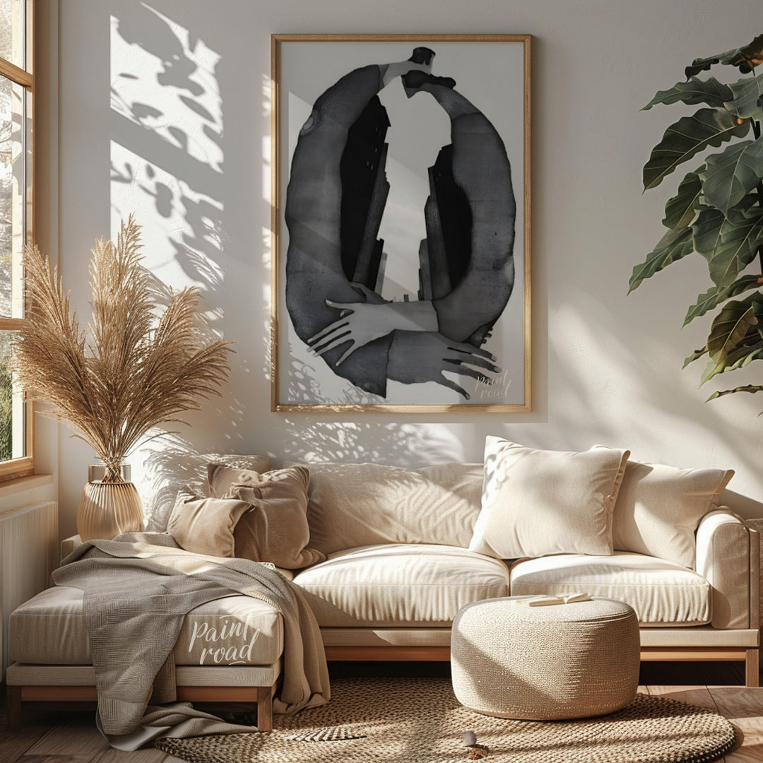"""Urban Embrace"" presents a surreal composition featuring human figures intertwined with urban ar… for living room