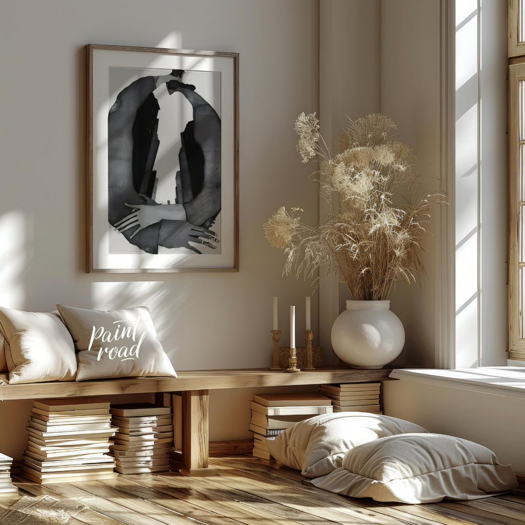 """Urban Embrace"" presents a surreal composition featuring human figures intertwined with urban ar… for living room