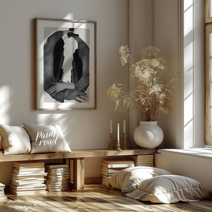 """Urban Embrace"" presents a surreal composition featuring human figures intertwined with urban ar… for living room