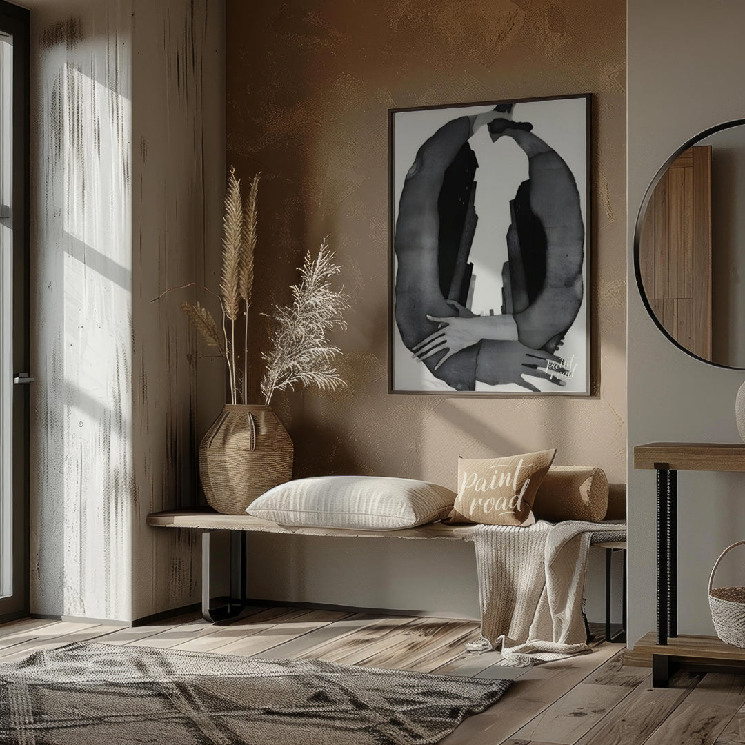 """Urban Embrace"" presents a surreal composition featuring human figures intertwined with urban ar… for living room