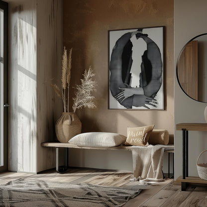 """Urban Embrace"" presents a surreal composition featuring human figures intertwined with urban ar… for living room