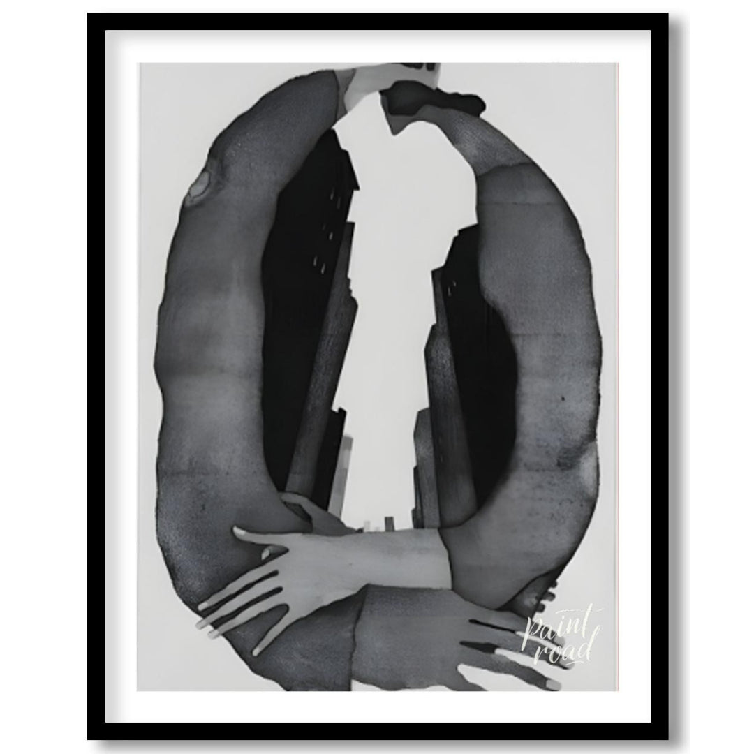 """Urban Embrace"" presents a surreal composition featuring human figures intertwined with urban ar… for room