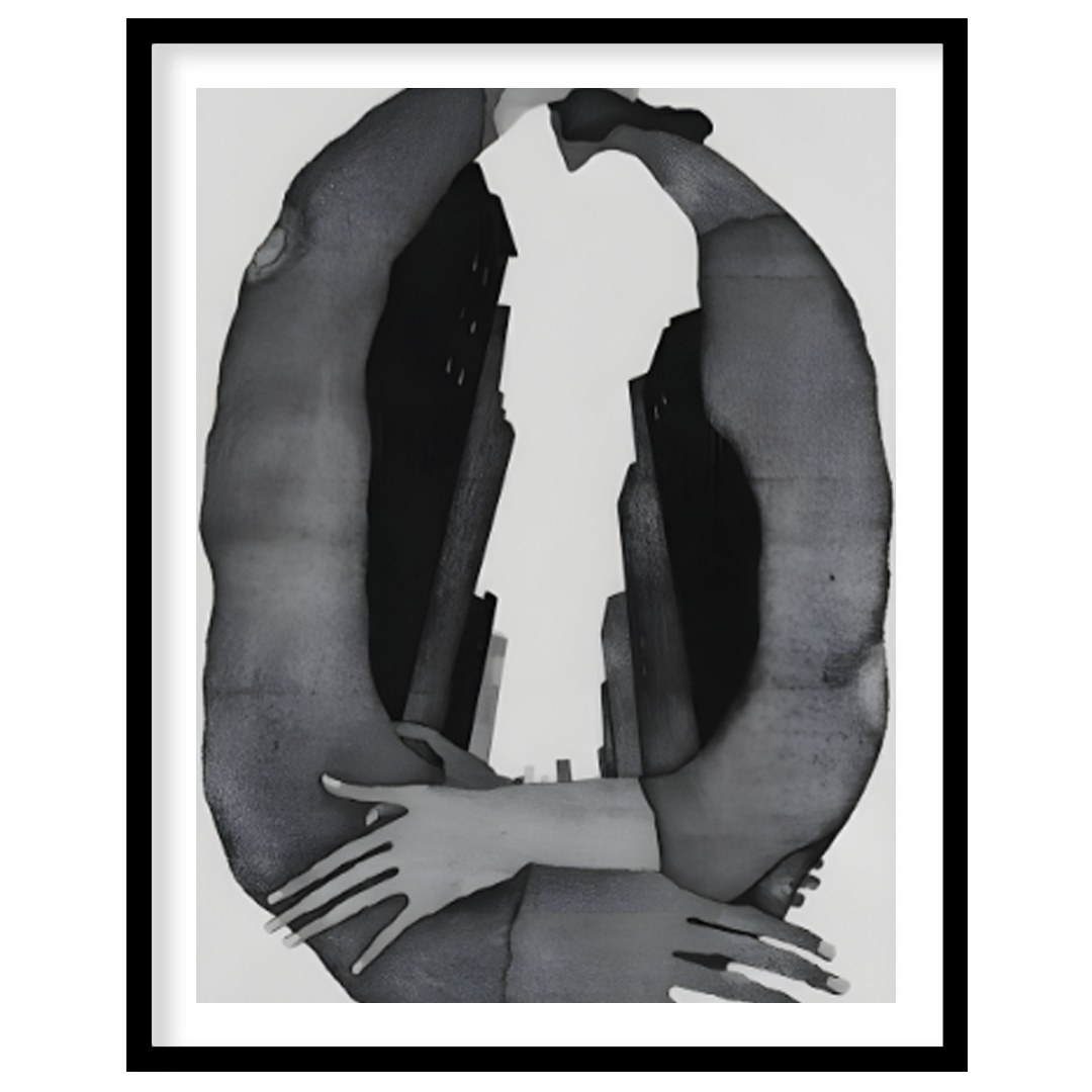 """Urban Embrace"" presents a surreal composition featuring human figures intertwined with urban ar… for room