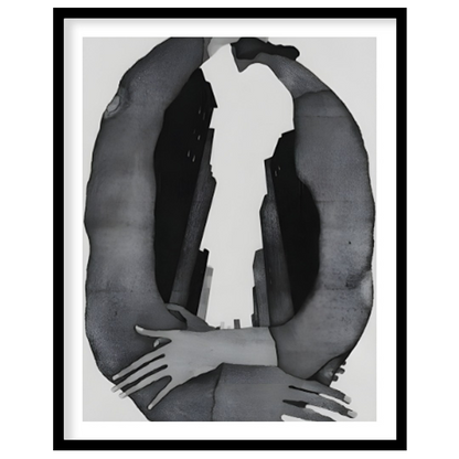 """Urban Embrace"" presents a surreal composition featuring human figures intertwined with urban ar… for room