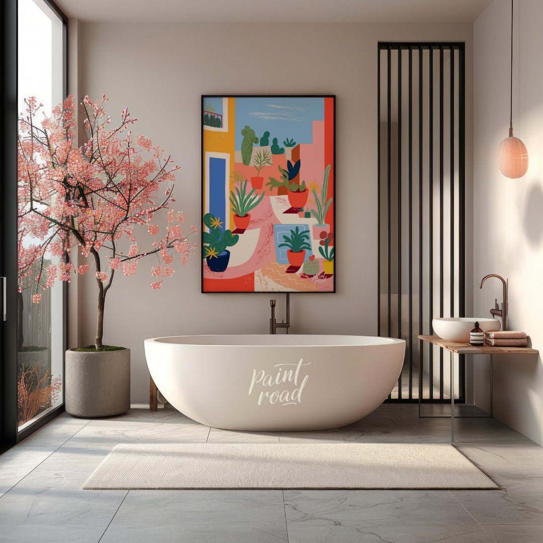 This vibrant digital illustration captures an urban garden scene with stylized potted plants and ca… for bathroom