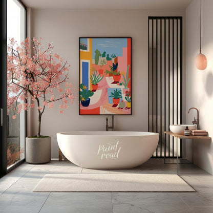 This vibrant digital illustration captures an urban garden scene with stylized potted plants and ca… for bathroom