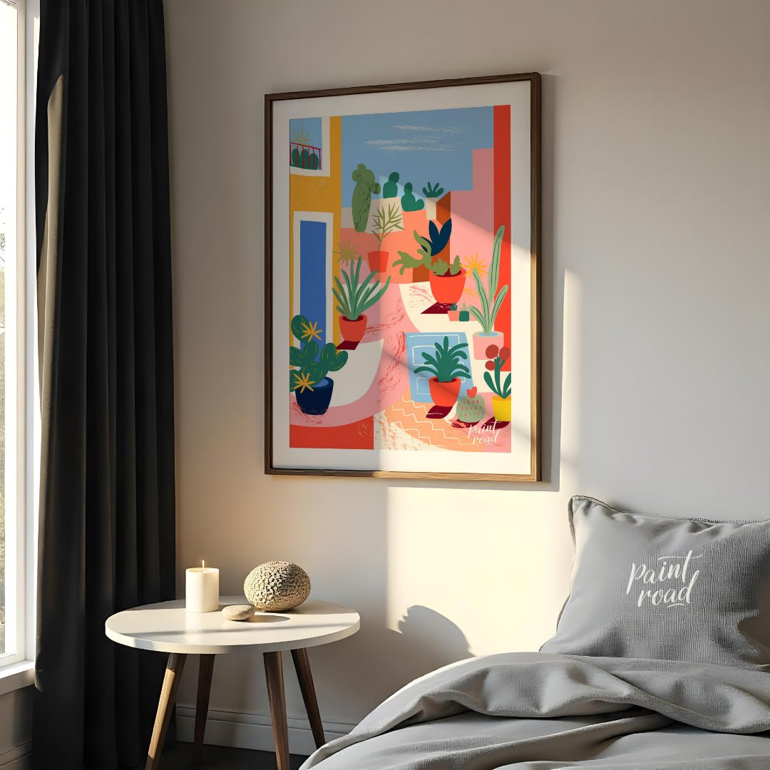 This vibrant digital illustration captures an urban garden scene with stylized potted plants and ca… for bedroom